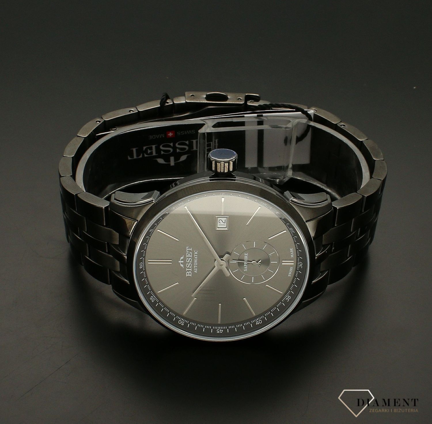 Zegarek męski na bransolecie Szafirowe Szkło BSMF59 GRAFITOWY. Szwajcarska marka Bisset prezentuję wysoką różnorodność i bogactwo zegarków. Bisset wyróżnia się wysoką jakością wykonania i dzięki dopracowanym mechanizmom (3).jpg